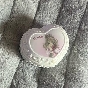 2001 Precious Moments October Ceramic Heart Shaped trinket box